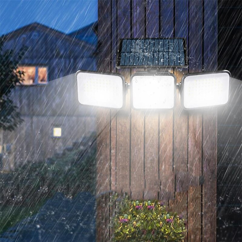 Solar Powered 180LED Outdoor Human Body Infrared Three Head Sensing Outdoor Courtyard Garden Landscape Lighting Wall Lamp Garage Road Light 1PC3