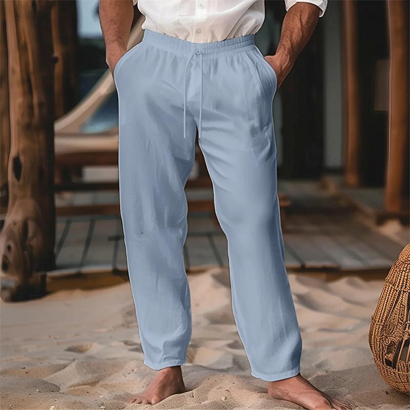 Men's Linen Pants Trousers Summer Pants Drawstring Elastic Waist Plain Comfort Soft Full Length Party Daily Beach Fashion Simple Black White Micro-elastic2