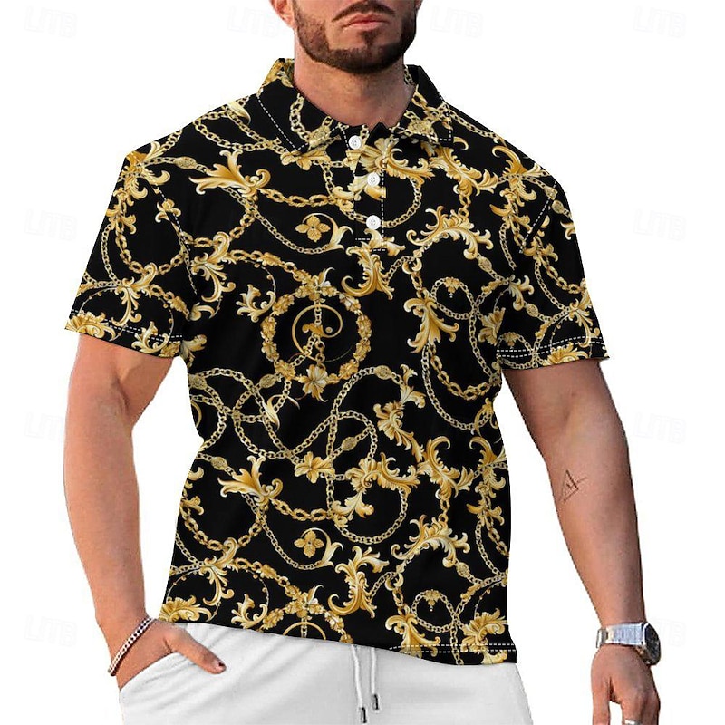 Flower / Plants Men's Casual Print Polo Set Casual Daily Wear 95% Polyester 5% Spandex Short Sleeve Turndown Polo Shirts Black Spring & Summer S M L Micro-elastic Lapel Polo2