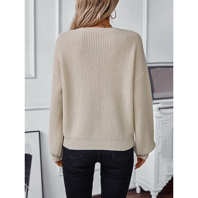 Women's Sweater Stylish Solid Color Ribbed Crew Neck Knitted Lantern Sleeve Long Sleeve Long Tops Knit Work Daily White Beige Fall Winter
