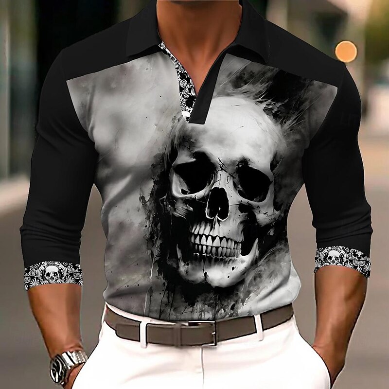 Day of the Dead Men's Skull Polo Shirts Golf Shirt Long Sleeve Polo Shirts Collared Shirts Horror Streetwear Festival Wear Party Outfits 3D Print Buttons Fall & Winter Black