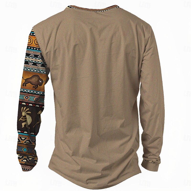 Men's Aztec T shirt Henley Shirt Long Sleeve 3D Print Designer Retro Vintage Ethnic Street Casual Daily Summer Spring Fall Brown Henley Henley T-Shirt2