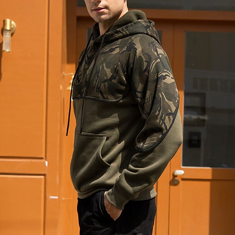 Men's Hoodie Black Army Green Hooded Color Block Camouflage Patchwork Pocket Sports & Outdoor Daily Holiday Polyester Streetwear Basic Casual Spring &  Fall Clothing Apparel Hoodies Sweatshirts  Long2