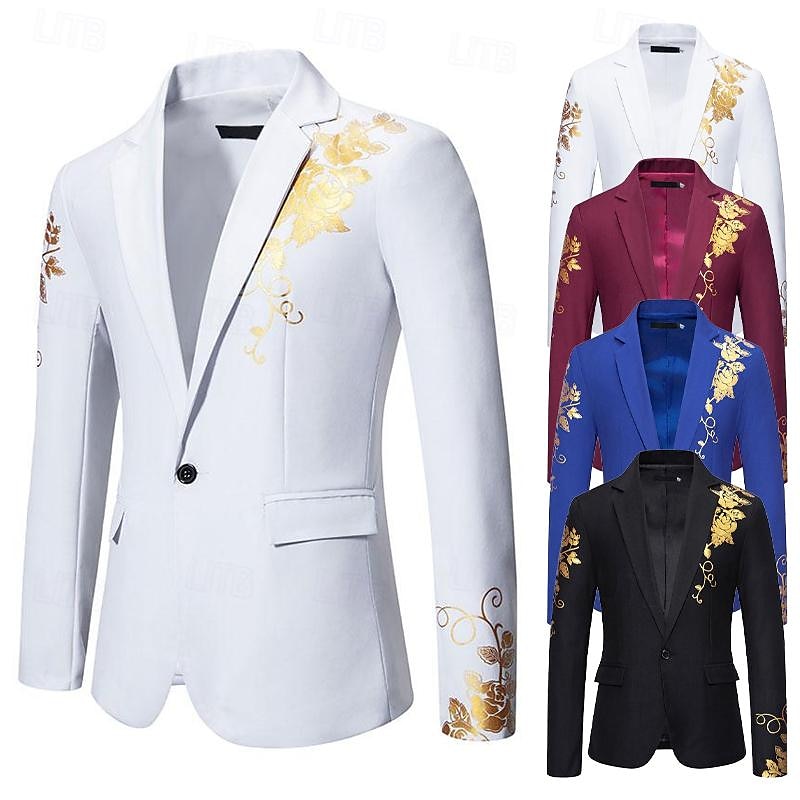 Men's Blazer Business Wedding Party Without Dress Pants Fashion Casual Spring &  Fall Polyester Uniform Cloth Plain Printing Buttons Casual / Daily Single Breasted Blazer Black White Red Royal Blue