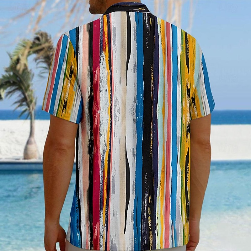 Men's Striped Geometric Pattern Button Up Shirt Printed Shirts Short Sleeve Hawaiian Resort Outdoor Business / Ceremony / Wedding Summer Turndown Print Button-Down Black Purple Rainbow2