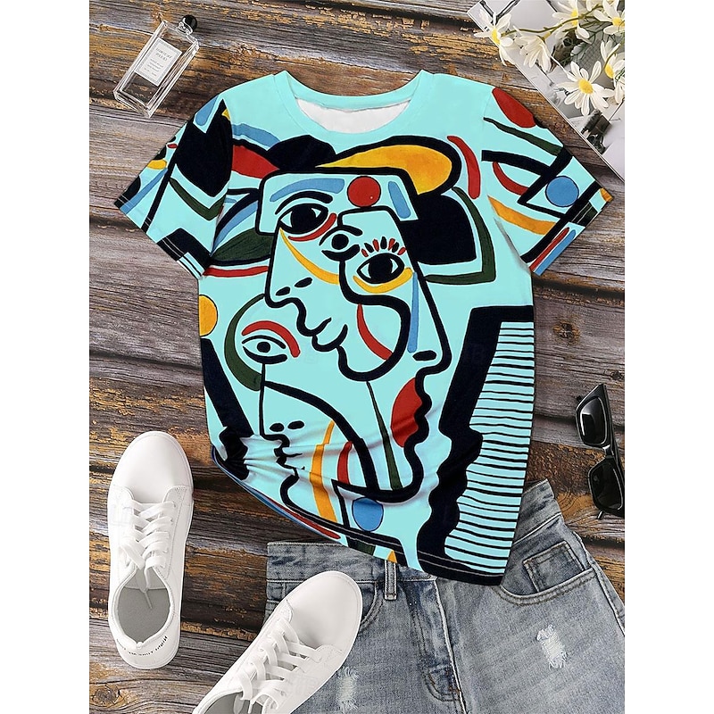 Women's T Shirt Stylish Casual Print Short Sleeve Regular Tops Crew Neck Daily White Pink Blue Summer4