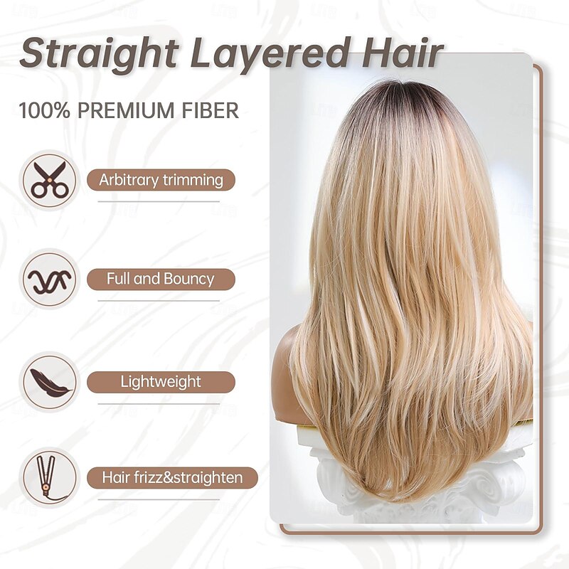 Ombre Blonde Wig for Women Long Straight Layered Wig with Bangs Synthetic Hair with Highlight Halloween Wigs4
