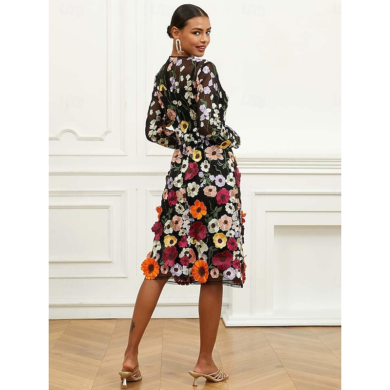 Women's Midi Dress Black Dress A Line Dress Elegant Stylish Bishop Sleeve Wedding Guest Cocktail Party Regular Fit Floral Long Sleeve V Neck Black Spring Fall2