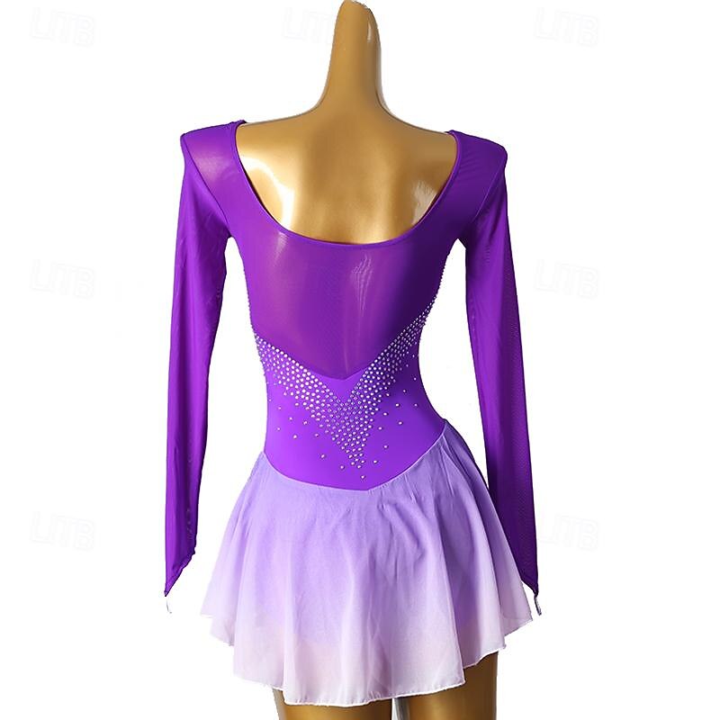 Figure Skating Dress Women's Girls' Ice Skating Dress Violet Patchwork Open Back Mesh Spandex High Elasticity Training Practice Professional Skating Wear Classic Crystal / Rhinestone Long Sleeve Ice4
