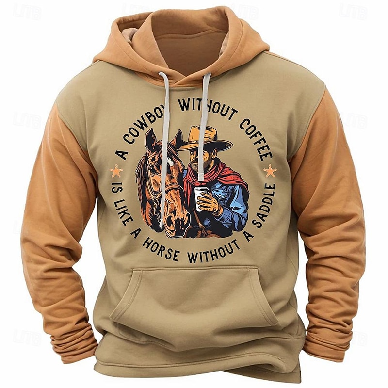 Men's Cowboy Hoodie Hoodies Sweatshirt Fashion Cowboy Long Sleeve Crew Neck Light Brown Blue Fall Winter Designer