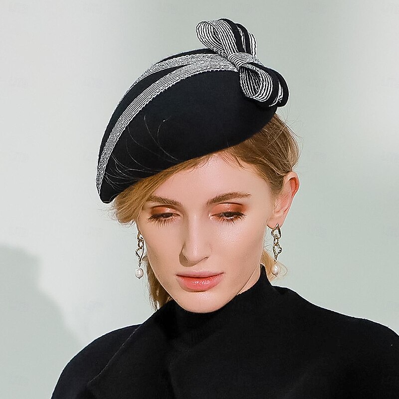 Hats 100% Wool Beret Hat Fedora Hat Saucer Hat Wedding Tea Party Elegant Wedding With Smooth Stripe Headpiece Headwear3