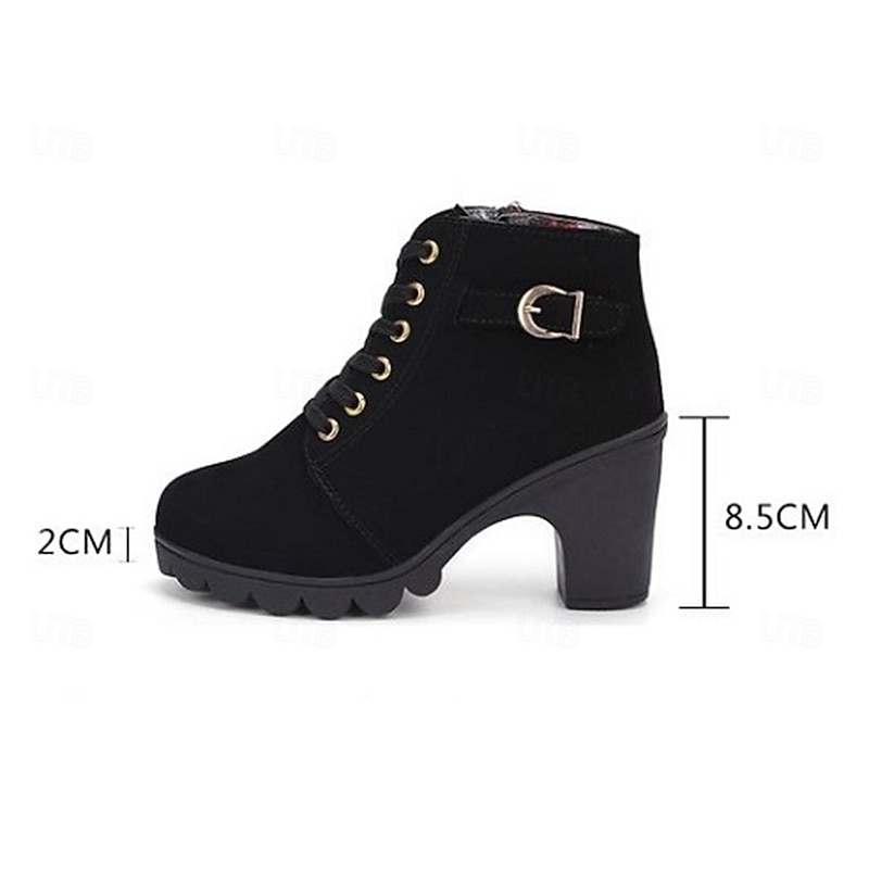 Women's Black Lace-Up Ankle Boots with Chunky Heel and Side Buckle, Casual Fashion Short Boots for Autumn and Winter Streetwear3