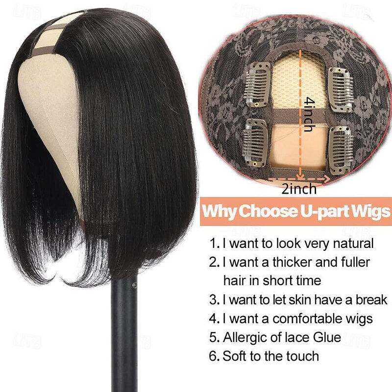 Remy Human Hair Wig Short U Part Straight Bob U Part Short Bob Natural Color Women Soft Easy dressing Capless Brazilian Hair Women's Natural Black #1B 8 inch 10 inch 12 inch Christmas Gifts Vacation3