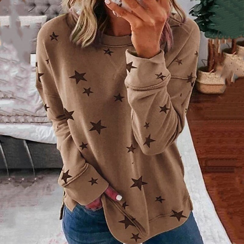 Women's T Shirt Star Fashion Long Sleeve Round Neck Regular Tops Daily Weekend Print Blue Green Khaki Gray Spring &  Fall2