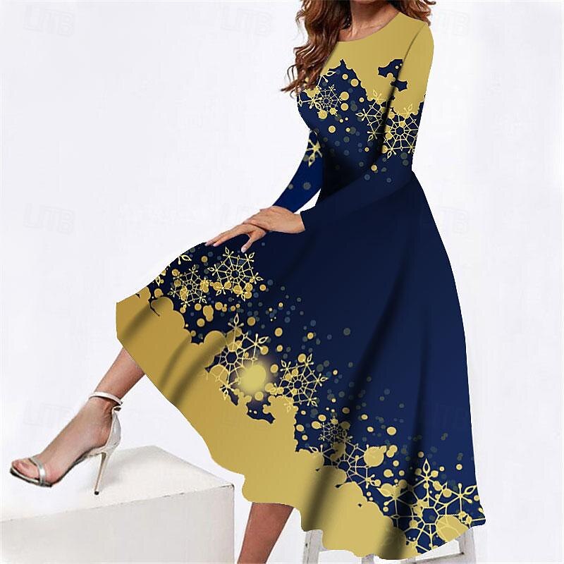 Women's Midi Dress Casual Dress Winter Dress Swing Dress Fashion Modest Formal Outdoor Party Regular Fit Flower Long Sleeve Crew Neck Gold Spring Fall Winter Autumn