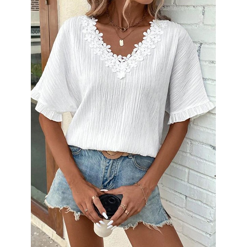 Women's White Elegant Lace Tops Eyelet Blouse Plain Lace Street Daily Fashion V Neck Regular Fit Romantic Petite Tops Summer Holiday Wear Semi Formal Blouses