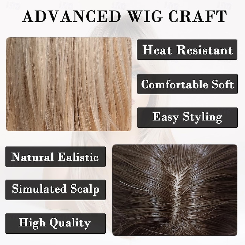 Ombre Blonde Brown Wine Red Wig with Bangs Natural Medium Length Straight Wigs for Women Heat Resistant Fiber Synthetic Wigs for Daily Cosplay Halloween Wigs3