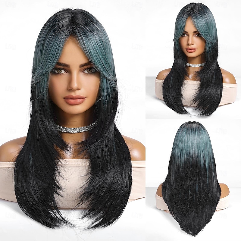 Synthetic Wig Uniforms Career Costumes Princess Straight kinky Straight Middle Part Layered Haircut Machine Made Wig 22 inch Black / Dark Green Synthetic Hair Women's Cosplay Party Fashion Natural