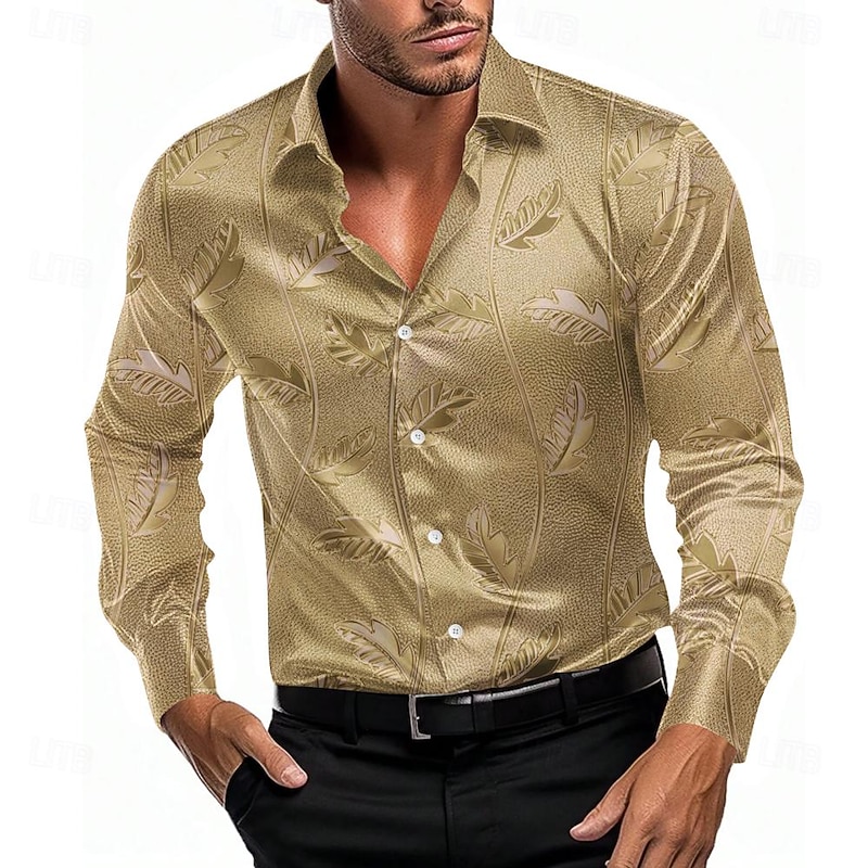 Men's Shirt Satin Shirt Dress Shirt Button Up Shirt Floral Party Evening Wear Light Blue Yellow Gray Long Sleeve Turndown Summer Spring Clothing Apparel Button Up
