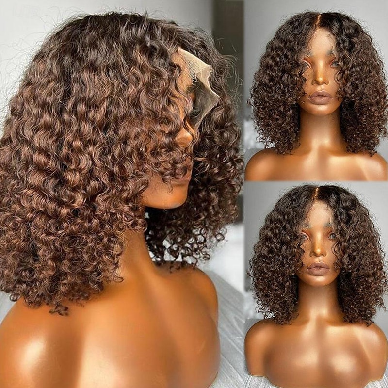 Unprocessed Virgin Hair 13x4 Lace Front Wig Short Bob Brazilian Hair Curly Water Wave Brown Wig 130% 150% Density with Baby Hair Ombre Hair Natural Hairline For Women Long Human Hair Lace Wig4