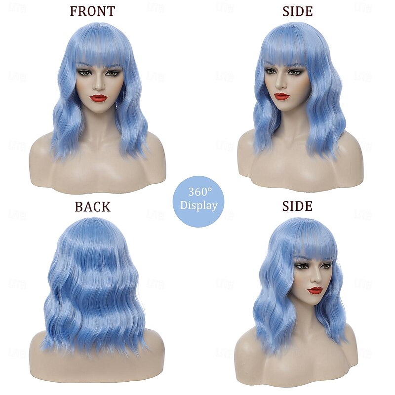Short Bob Wig with Bangs for Women Loose Wavy Wig Curly Wavy Shoulder Length Synthetic Bob Wigs for Girl Costume Cosplay Daily Use2
