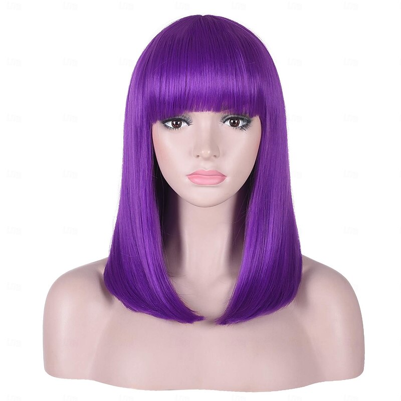 Inside Out 2  Short Straight Purple Bob Wig with Bangs Natural Heat Resistant Synthetic Hair for Women Ennui Costume Wigs 15 Inch Halloween Wigs