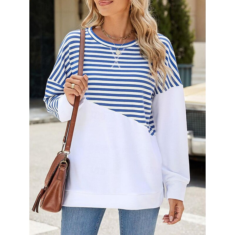 Women's Sweatshirt Casual Striped Dailywear Crew Neck Print Long Sleeve Black Red Blue Green Spring Fall4