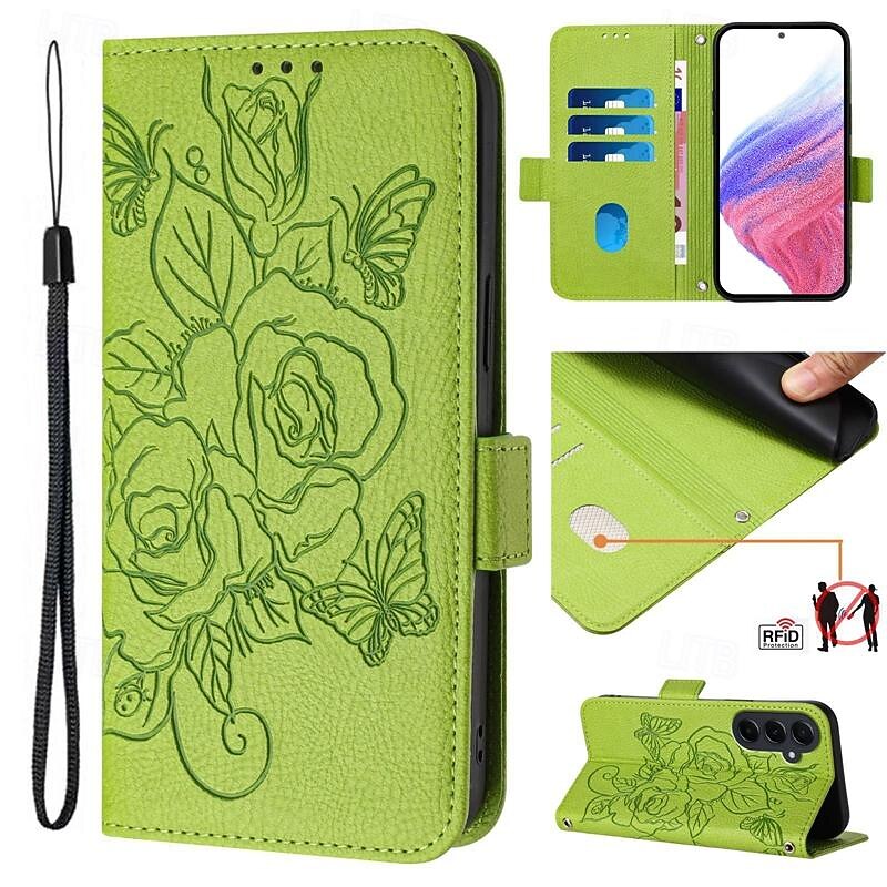 Phone Case For Samsung Galaxy S25 S24 S23 S23 FE S22 S21 Ultra Plus A55 5G A35 5G A25 A15 Back Cover with Stand Holder Magnetic with Lanyard Retro Flower Floral TPU PU Leather2