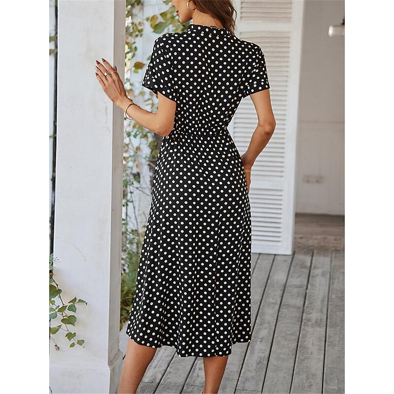 Women's Casual Dress Polka Dot Button Drawstring Shirt Collar Midi Dress Stylish Casual Daily Date Short Sleeve Summer4