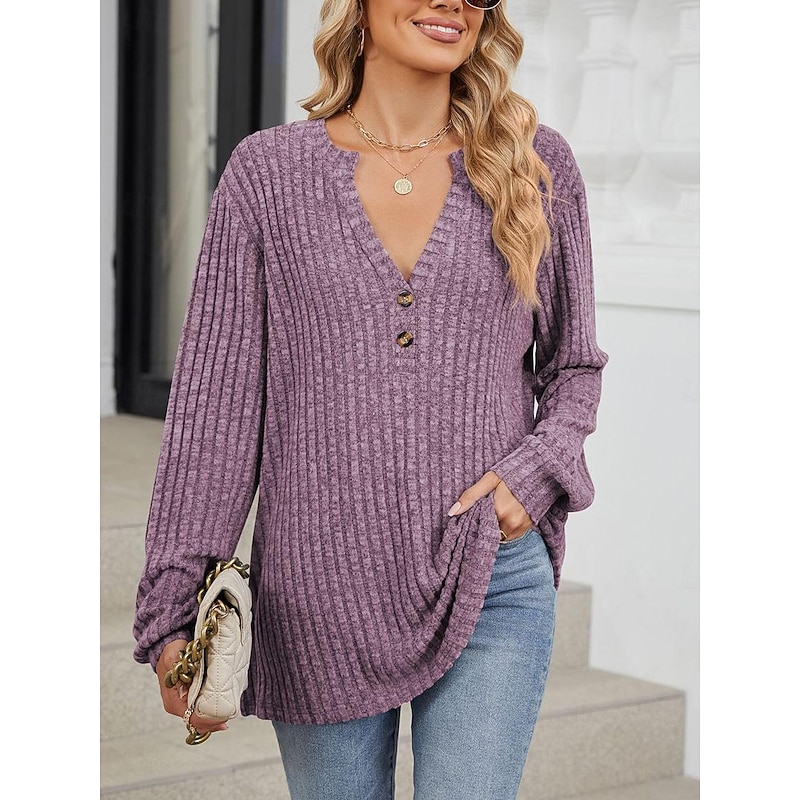 Women's Sweater Stylish Casual Solid Color Ribbed V Neck Buttons Long Sleeve Regular Tops Knit Daily Pink Blue Spring Fall3