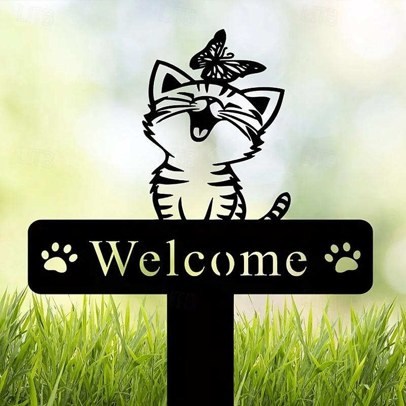Metal Cat & Butterfly Yard Iron Art Insert French Bulldog Yard Garden Stakes Welcome Yard Sign. French Bulldog Decor
