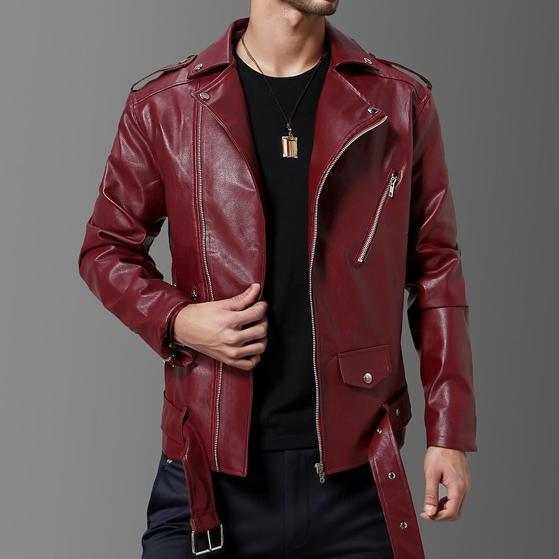 Men's Faux Leather Jacket Biker Jacket Red Leather Jacket Athleisure Daily Wear Buckle All Seasons Solid / Plain Color Punk Fashion Casual Lapel Regular Faux Leather Black Red Jacket