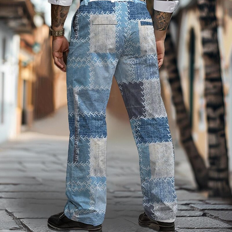 Men's Plaid Dress Pants Mid Waist Vintage Business Casual Formal Dailywear Pocket Straight Leg Trousers Summer Spring Fall 3D Print Blue2