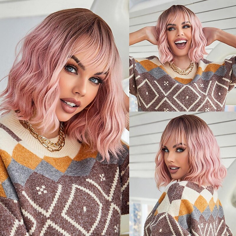 Synthetic Wig Natural Wave Bob Neat Bang Wig 12 inch Black / Pink Synthetic Hair Women's Multi-color Mixed Color