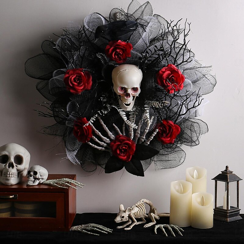 Halloween Wreaths for Front Door Indoor Outdoor Decoration, Rose Skull Mesh Wreath Hanging for Spooky Bar and Party Skeleton Decor