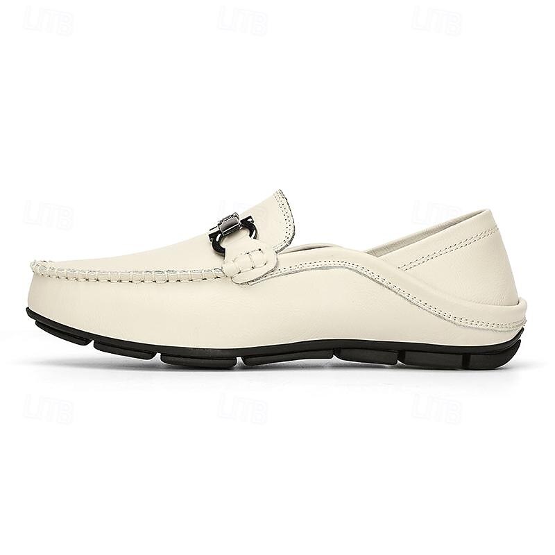 Men's White Leather Loafers - Slip-On Dress Shoes with Metal Buckle for Formal and Casual Wear3