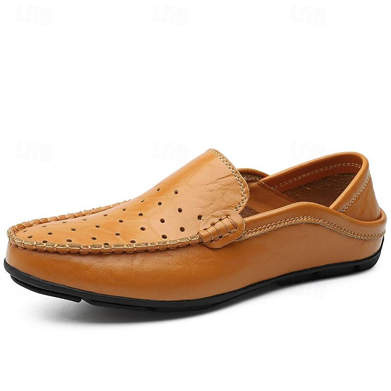 Men's Tan Leather Loafers - Breathable Slip-On Driving Shoes for Casual and Formal Wear3
