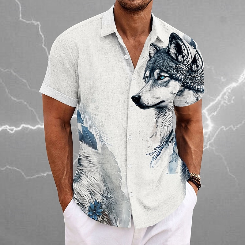 Men's Wolf Shirt Button Up Shirt Short Sleeve Vintage Casual Vacation Daily Hawaiian Summer Spring Turndown Collared Shirts Button Up 3D Print Blue Brown Gray