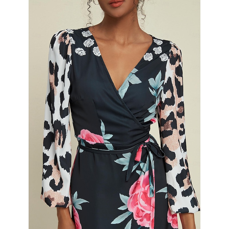 Satin Wedding Guest Floral Leopard Print Long Sleeve V Neck Maxi Dress2