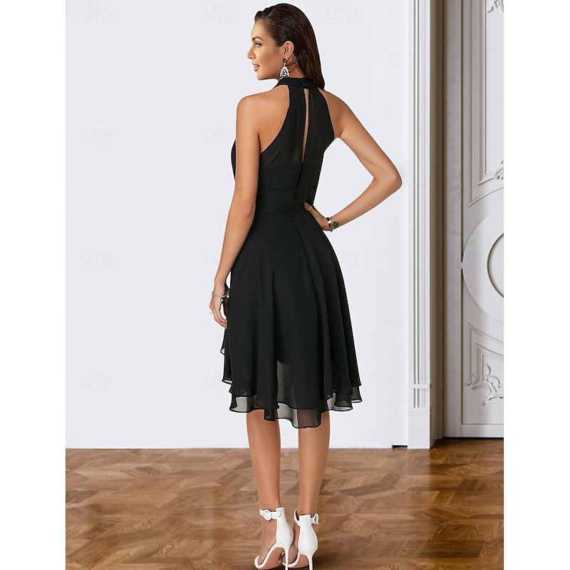 A-Line Cocktail Dresses Party Dress Wedding Guest Engagement Knee Length Sleeveless Halter Neck Chiffon V Back with Sleek Tiered  dress to impress2