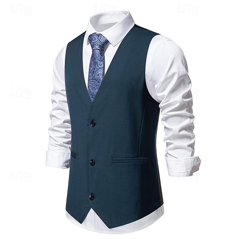 Men's Vest Gilet Daily Wear Vacation Going out Vintage Fashion Spring &  Fall Button Polyester Comfortable Plain Single Breasted V Neck Regular Fit Black Burgundy Dark Navy Vest2