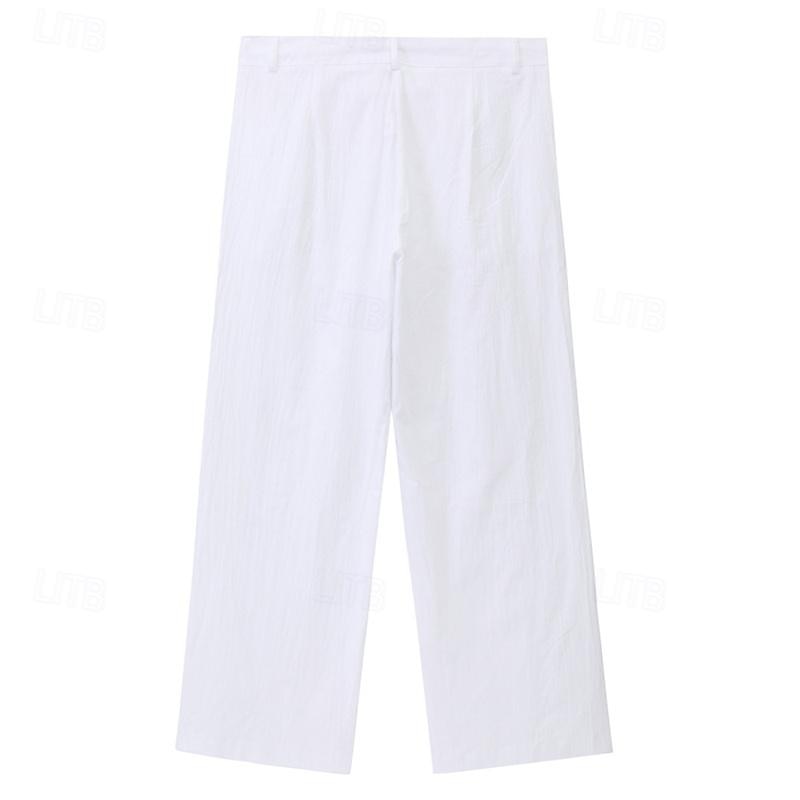 Men's Linen Pants Trousers Summer Pants Beach Pants Drawstring Side Button Straight Leg Plain Comfort Breathable Full Length Casual Daily Holiday Fashion Classic Style Black White3