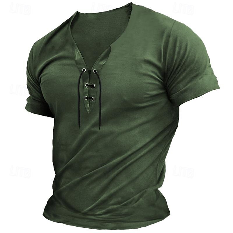 Men's T Shirt Henley Shirt Tee Top Short Sleeve V Neck Spring & Summer Plain Fashion Designer Basic Lace up Vacation Street Going out Army Green Dark Grey Black Top Tee for Men4