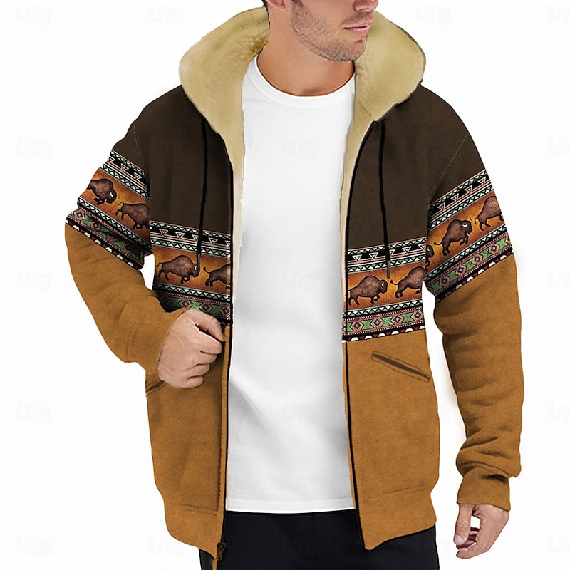 Men's Animal Color Block Graphic Prints Hoodie Hoodies Sweatshirt Designer Thin fleece Long Sleeve Hooded Casual Daily Holiday Brown Brown 2 Zipper Print Winter Designer2