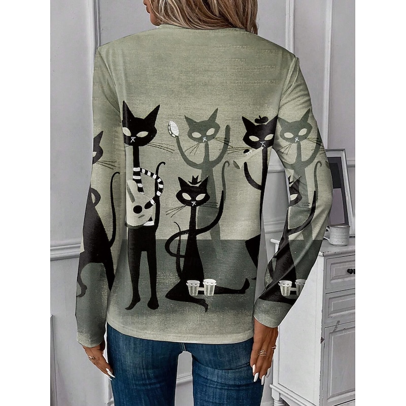 Women's T shirt Crew Neck Long Sleeve Tunic Casual Cat Print Regular Tops Round Neck Daily Green Spring Fall2