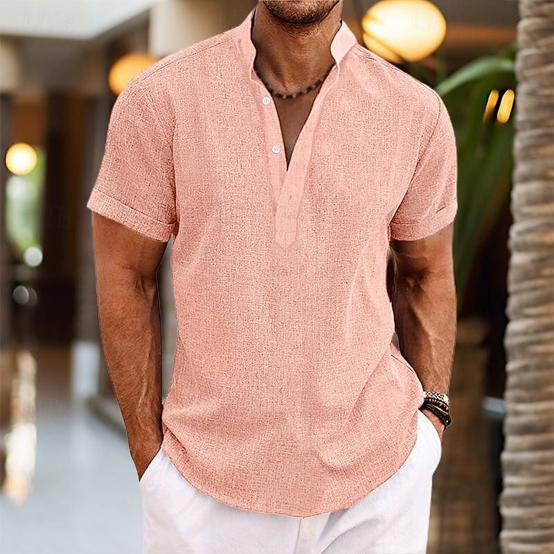 Men's Shirt Linen Shirt Popover Shirt Summer Shirt Beach Wear Band Collar Shirt Plain Vacation Casual Black White Yellow Pink Short Sleeve Henley Summer Clothing Apparel