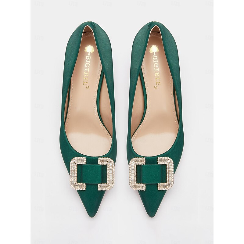 Elegant Green Satin Pumps with Rhinestone Buckle for Women: Perfect for Weddings and Formal Events4