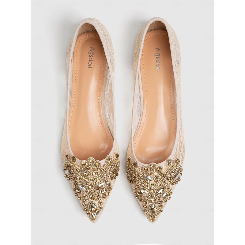 Elegant Women's Beige Lace Ballet Flats with Ornate Rhinestone Embellishments – Perfect for Weddings and Formal Events