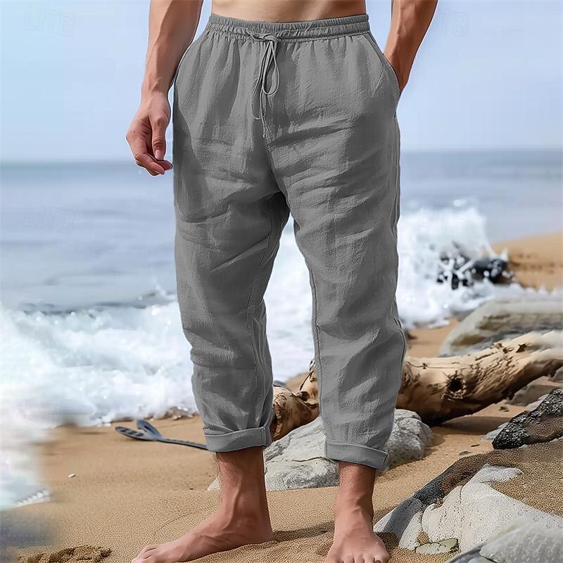Men's Linen Pants Trousers Summer Pants Beach Pants Pocket Drawstring Elastic Waist Plain Comfort Breathable Outdoor Daily Stylish Hip Hop White Blue4