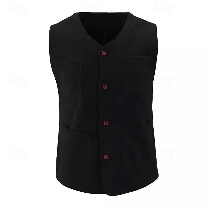 Men's Vest Gilet Wedding Event / Party Daily Fashion Business Spring &  Fall Button Pocket Polyester Comfortable Plain Single Breasted One-button V Neck Regular Fit Black Light Grey Vest4